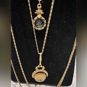 Vintage Signed Goldette Necklace 5 Strand clear Glass  Fob Gold Tone 22”  Long!